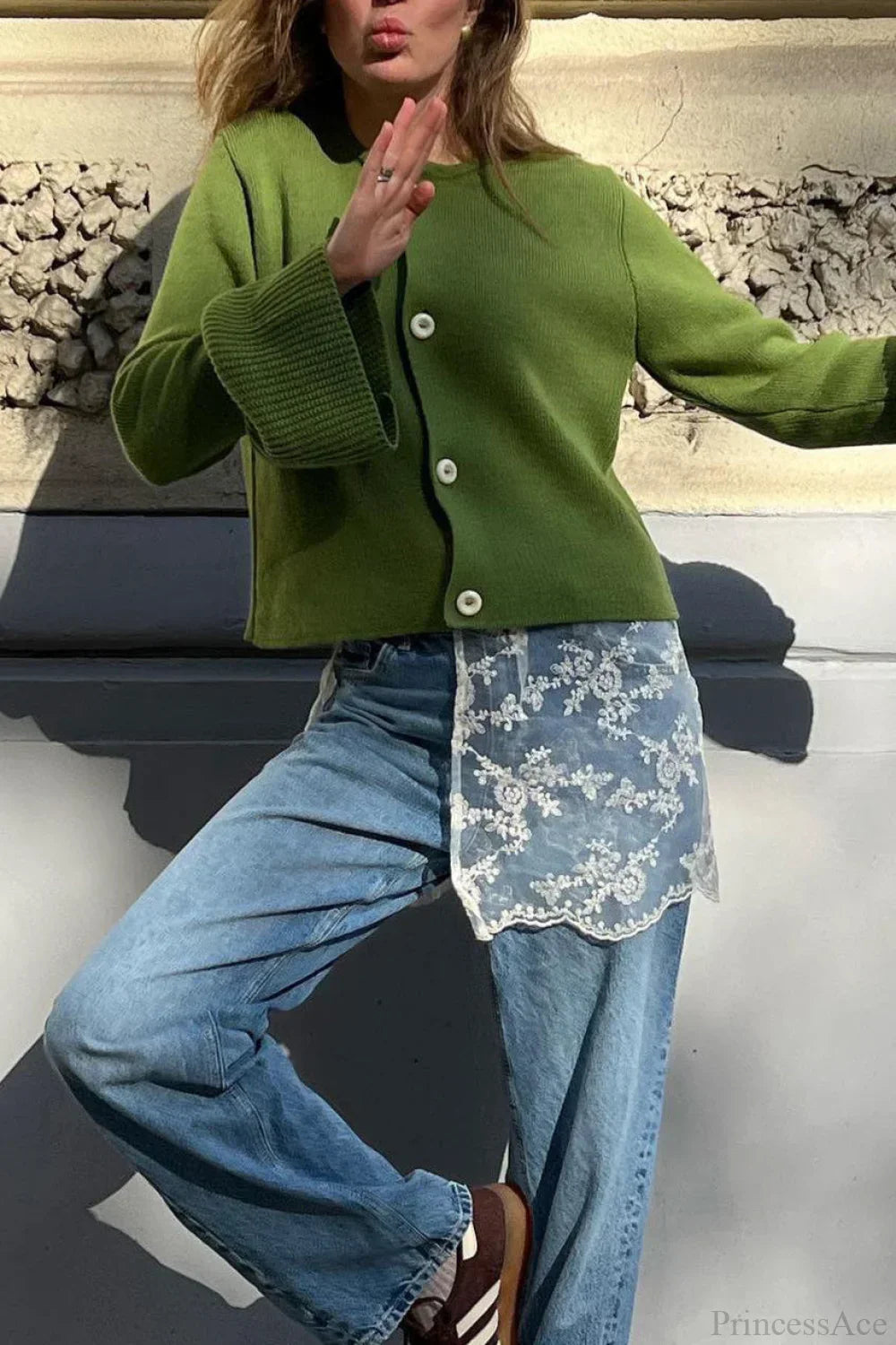 Slim Fit Bell Sleeve Knit Crew Neck Cardigan