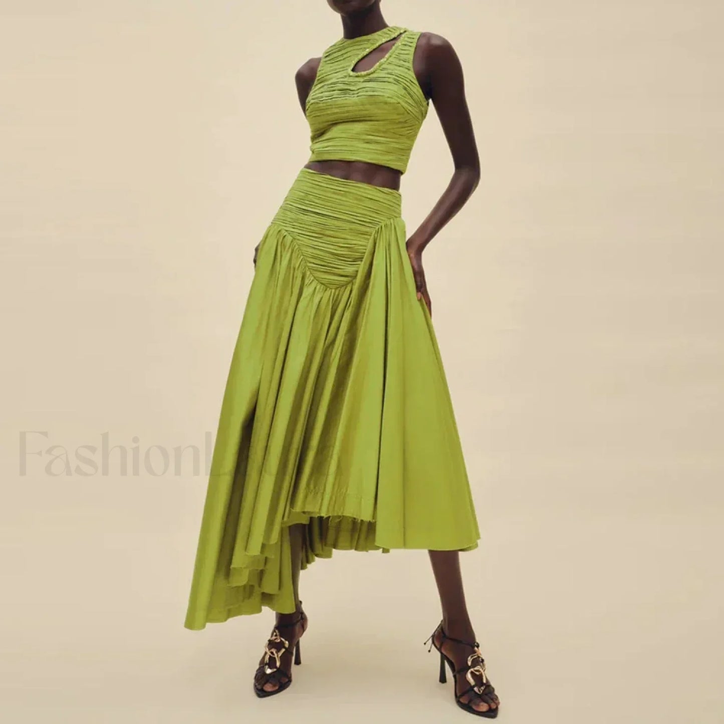 Slim Hollow Pleated Skirt Two Piece Set