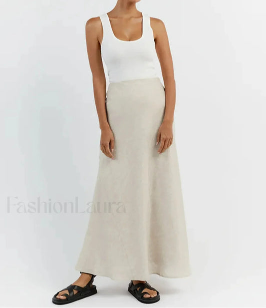Slim Khaki Linen Tank Skirt Two Piece Set