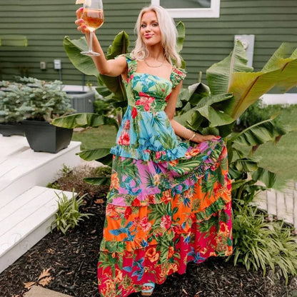 Sling Ruffle Print Skirt Two Piece Set
