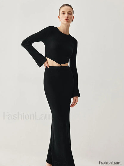 Slinky Long Sleeve Knit Modern Two Piece Slit Skirt Set