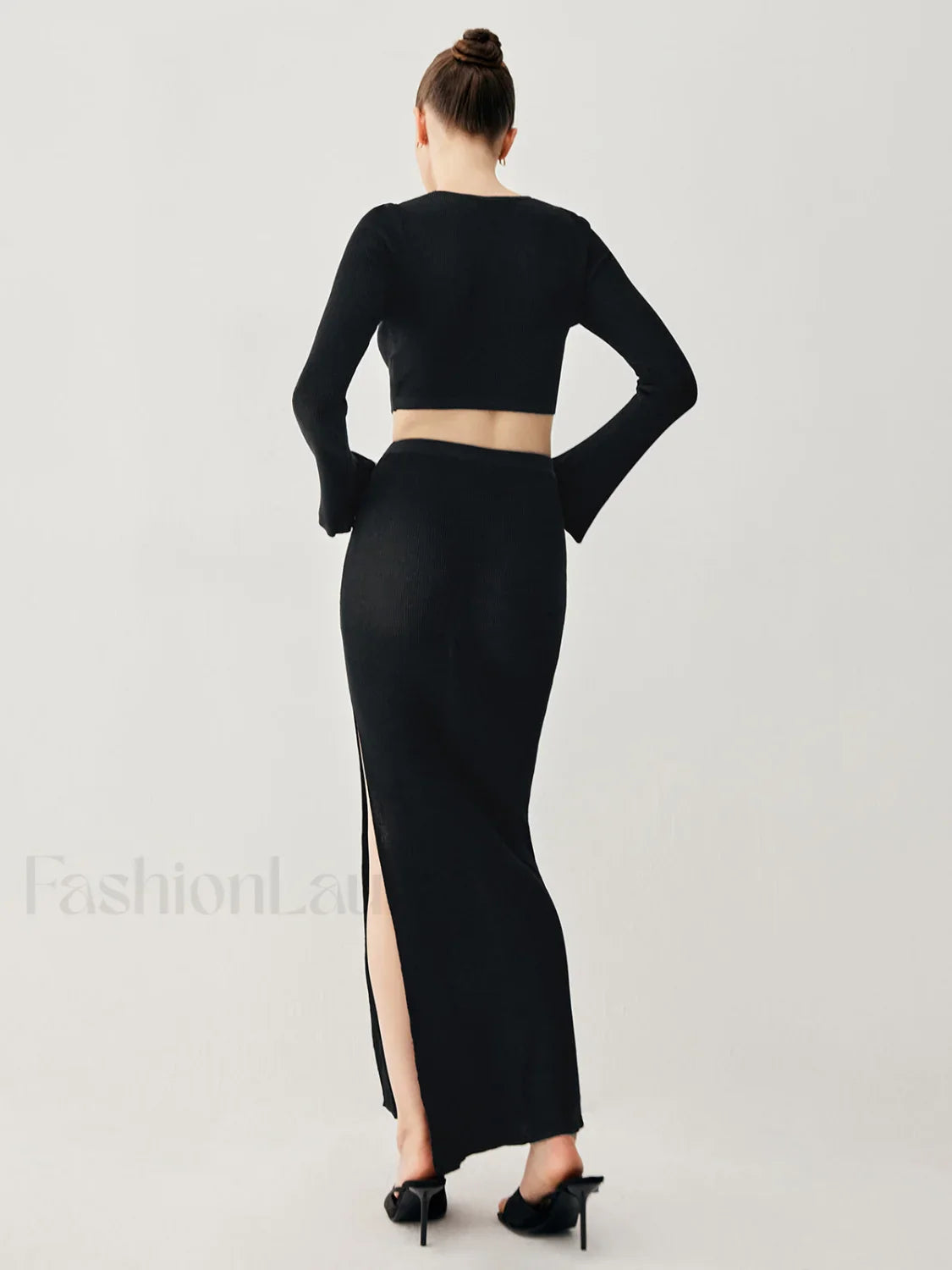 Slinky Long Sleeve Knit Modern Two Piece Slit Skirt Set