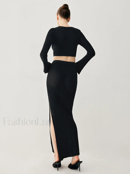 Slinky Long Sleeve Knit Modern Two Piece Slit Skirt Set