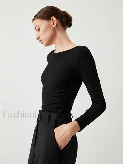 Slinky Ribbed Open Back Modern Crew Neck Long Sleeve Shirt