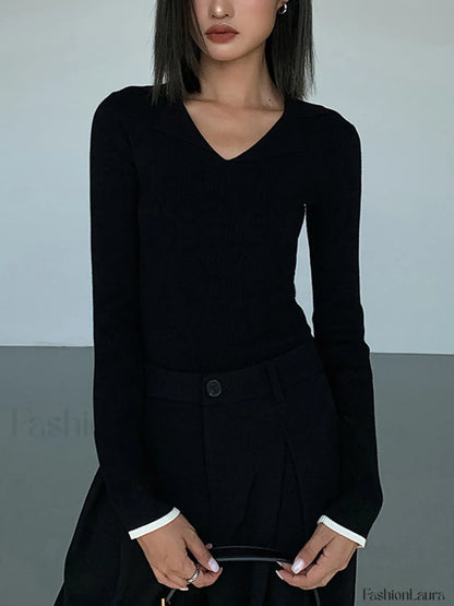 Slinky V-neck Collar Trendy Ribbed Knit Top