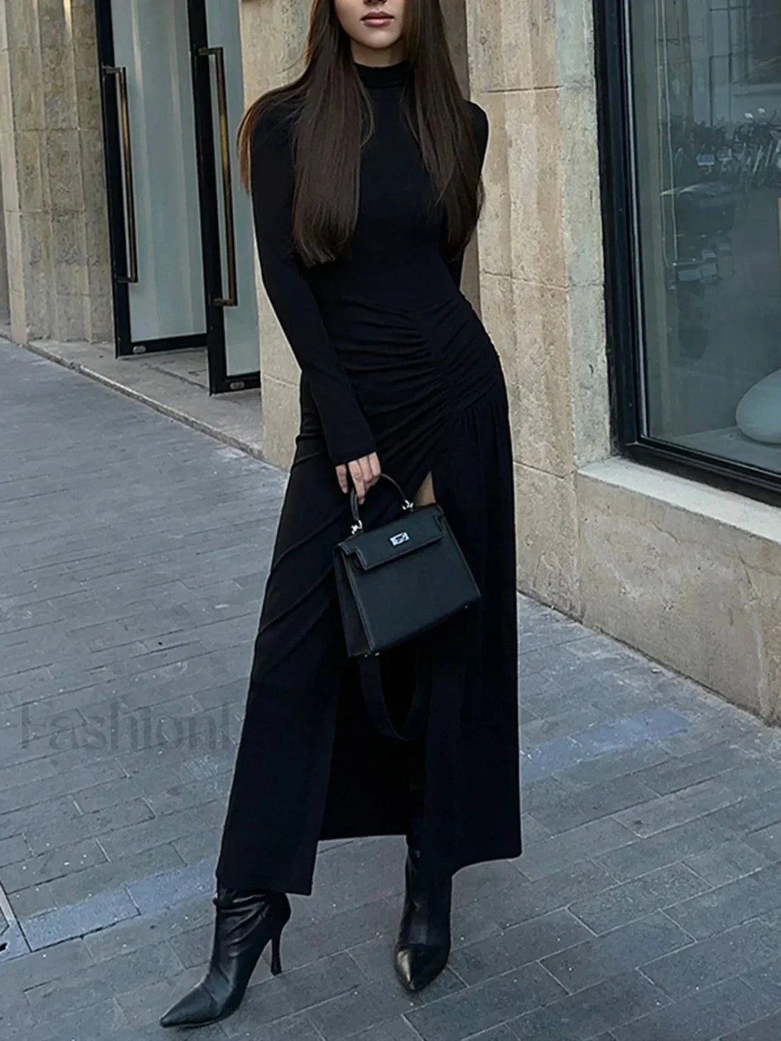 Slit Pleated Long Sleeve Modern Bodycon Mock Neck Long Dress