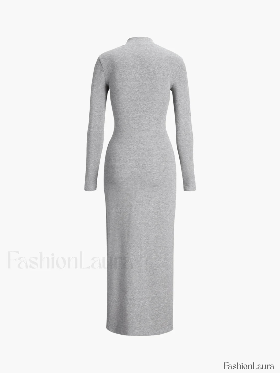 Slit Pleated Long Sleeve Modern Bodycon Mock Neck Long Dress