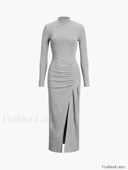 Slit Pleated Long Sleeve Modern Bodycon Mock Neck Long Dress