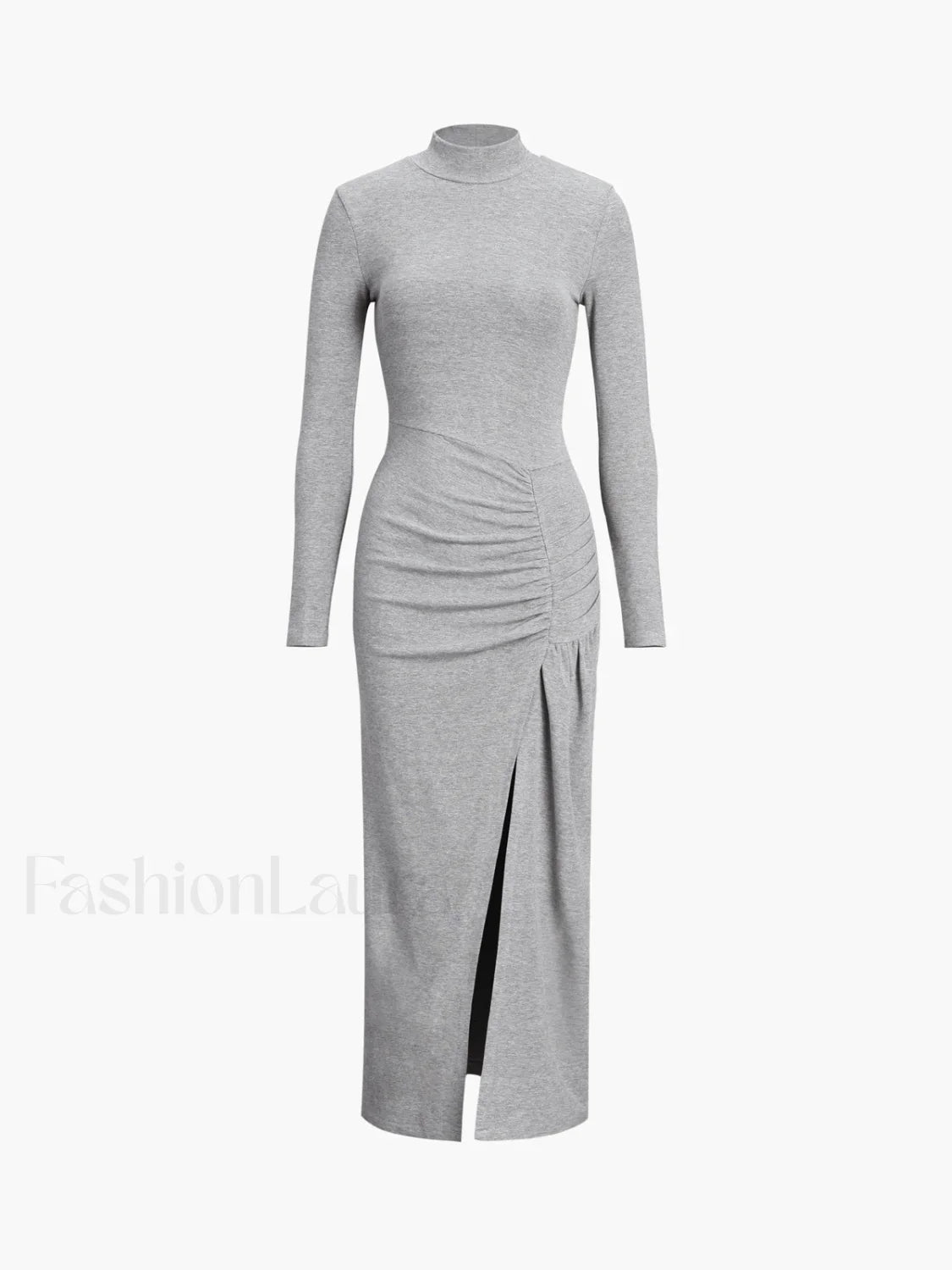 Slit Pleated Long Sleeve Modern Bodycon Mock Neck Long Dress