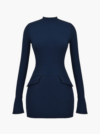 | Long-Sleeve Bodycon Mini Dress - High-Neck Sculpted Silhouette