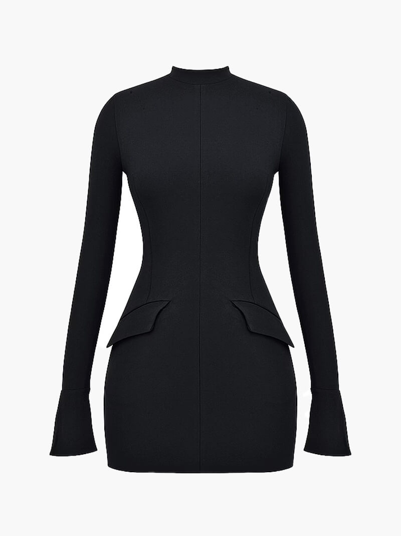 | Long-Sleeve Bodycon Mini Dress - High-Neck Sculpted Silhouette