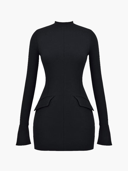| Long-Sleeve Bodycon Mini Dress - High-Neck Sculpted Silhouette
