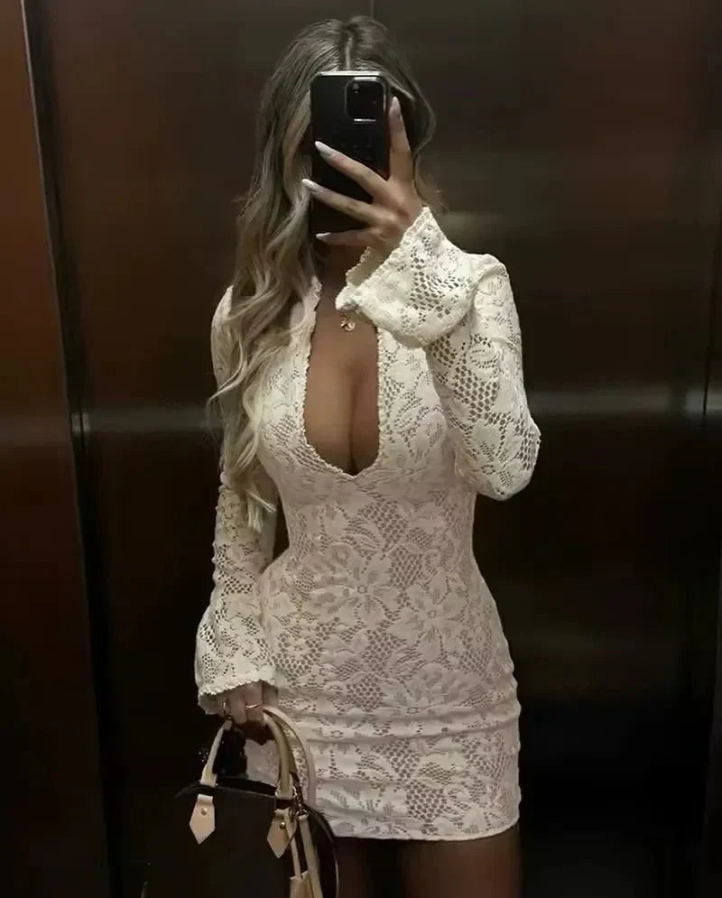| Cut-Out Lace Mini Dress, Long Sleeve