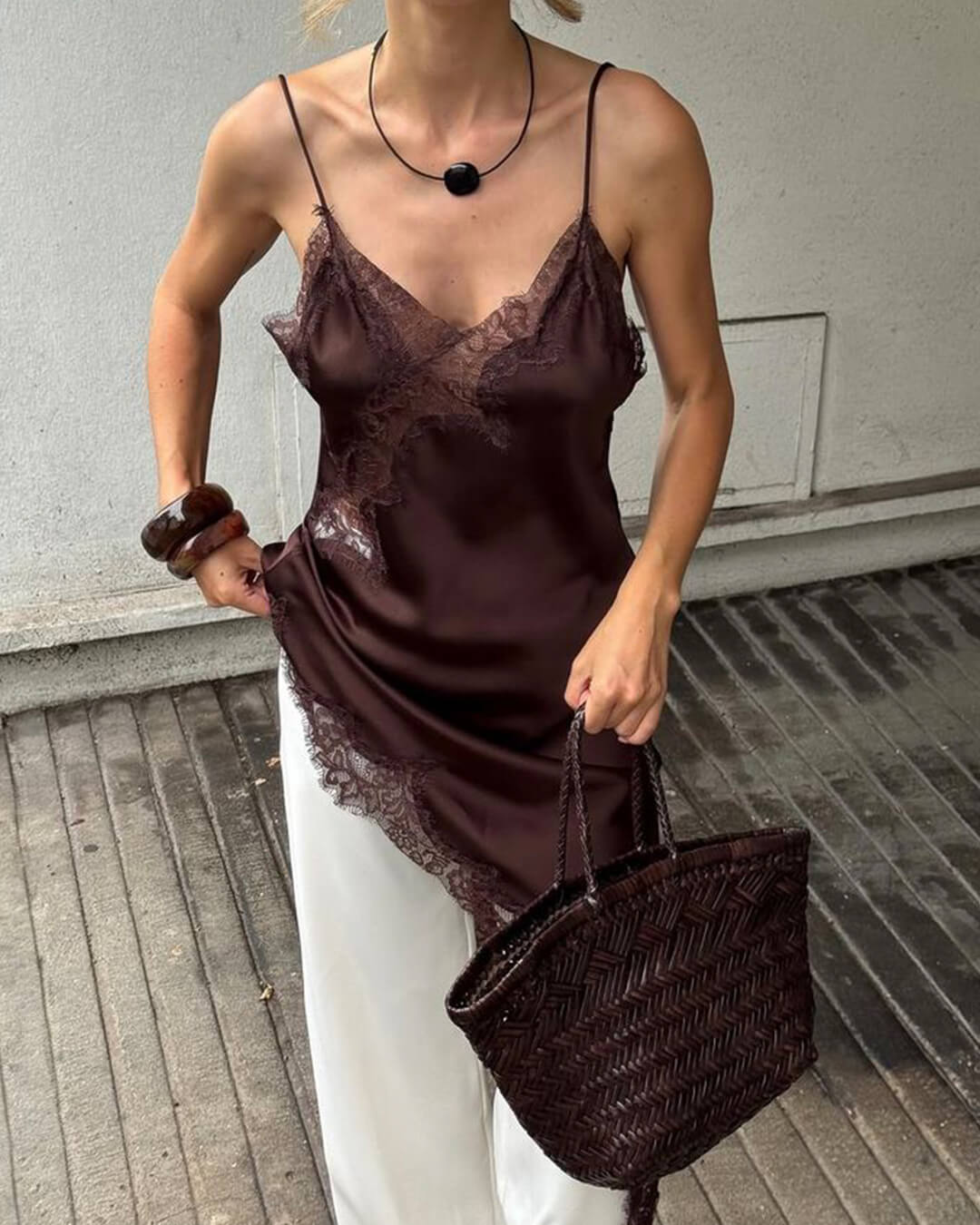| Asymmetric Satin Lace Midi Dress