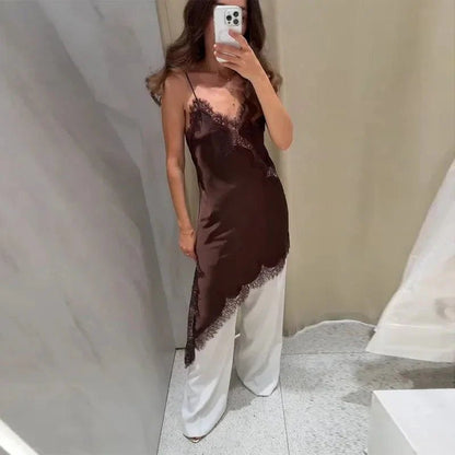 | Asymmetric Satin Lace Midi Dress