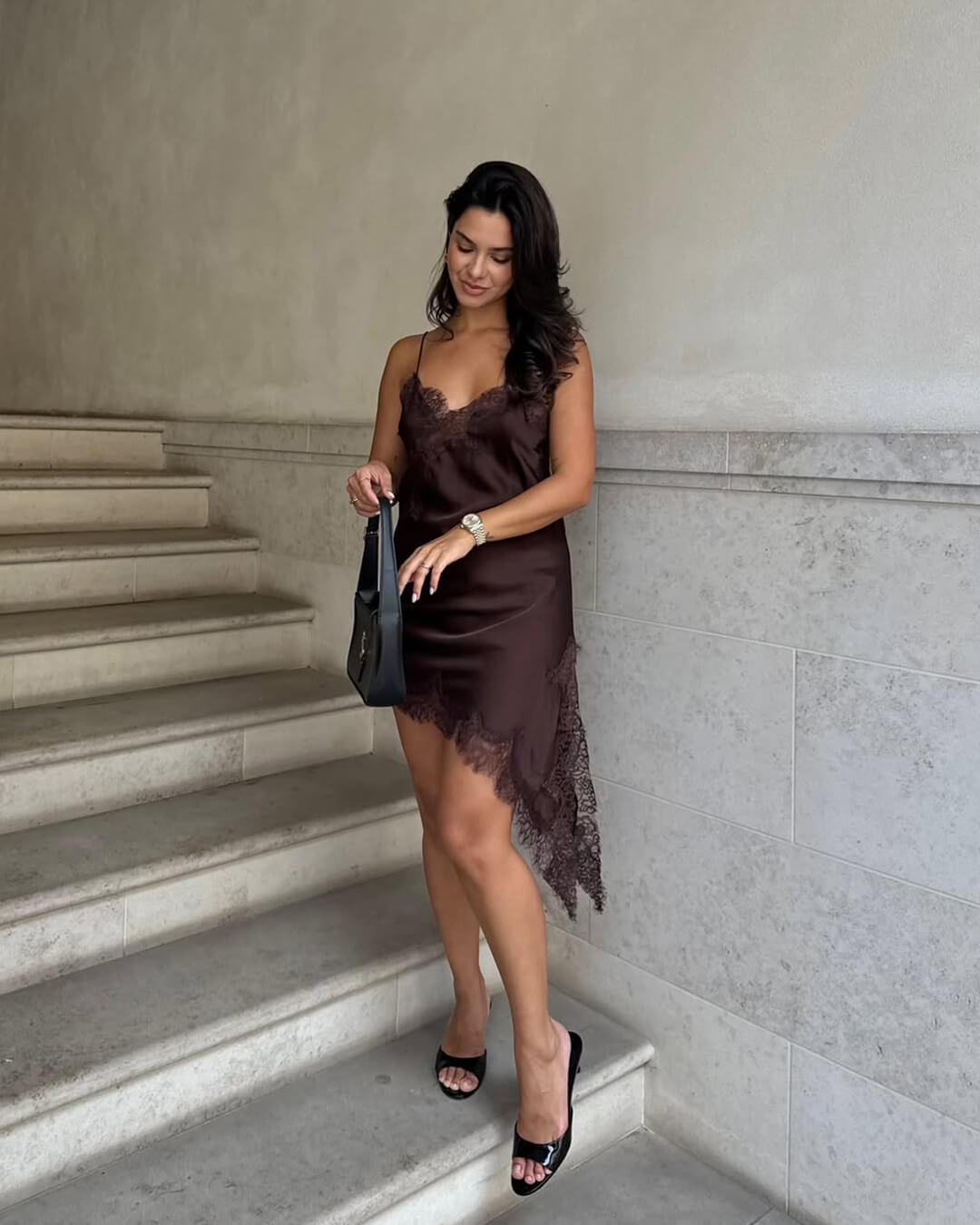 | Asymmetric Satin Lace Midi Dress