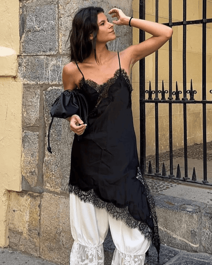 | Asymmetric Satin Lace Midi Dress