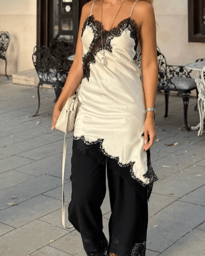 | Asymmetric Satin Lace Midi Dress