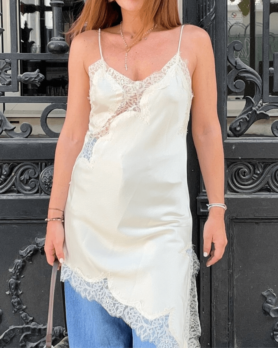 | Asymmetric Satin Lace Midi Dress
