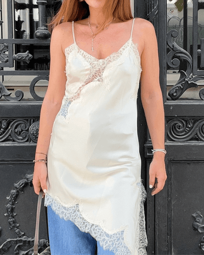 | Asymmetric Satin Lace Midi Dress