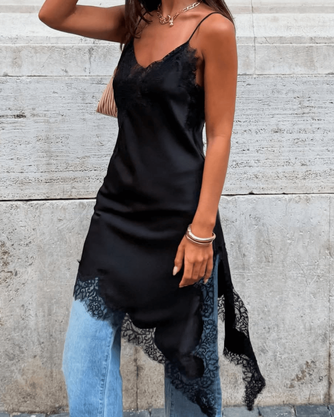 | Asymmetric Satin Lace Midi Dress