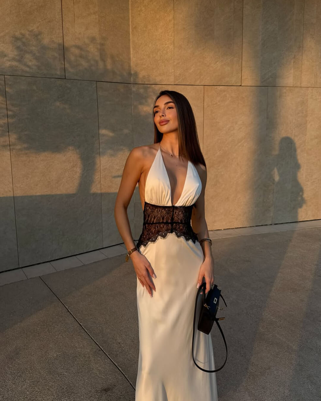 | Satin Lace Backless Maxi Dress