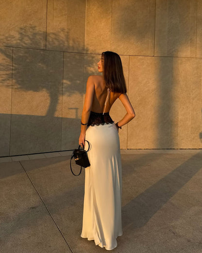 | Satin Lace Backless Maxi Dress
