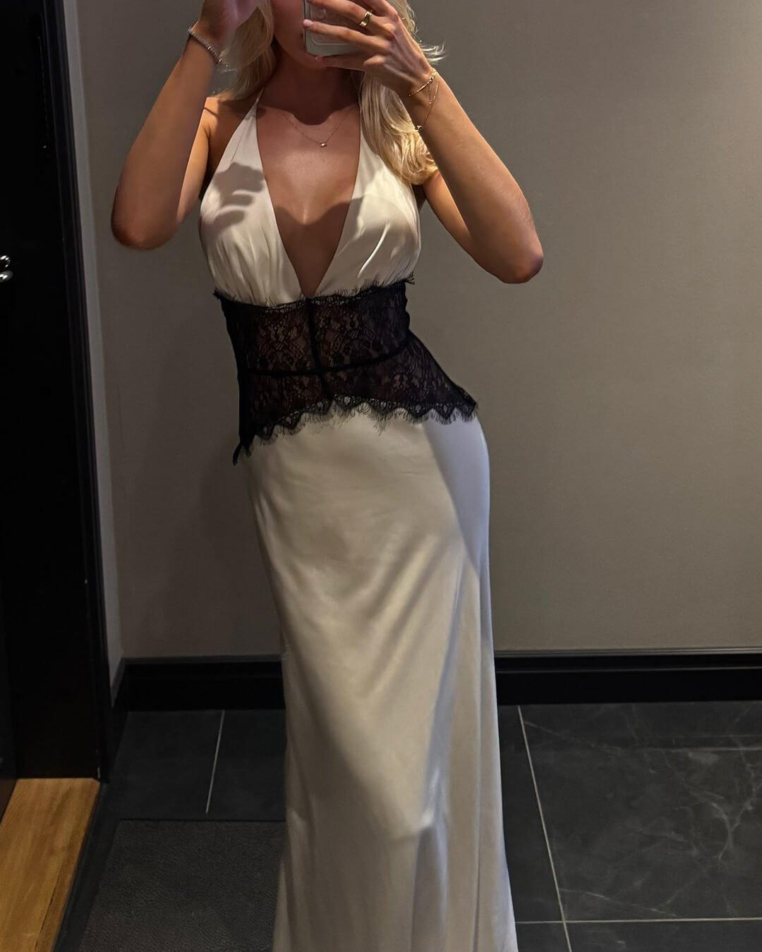 | Satin Lace Backless Maxi Dress