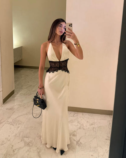 | Satin Lace Backless Maxi Dress