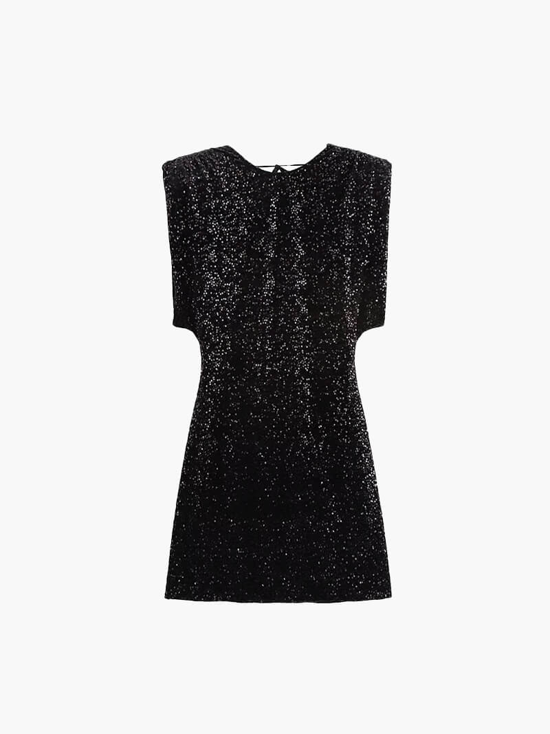 | Black Glitter Mini Dress - Structured Shoulder Silhouette