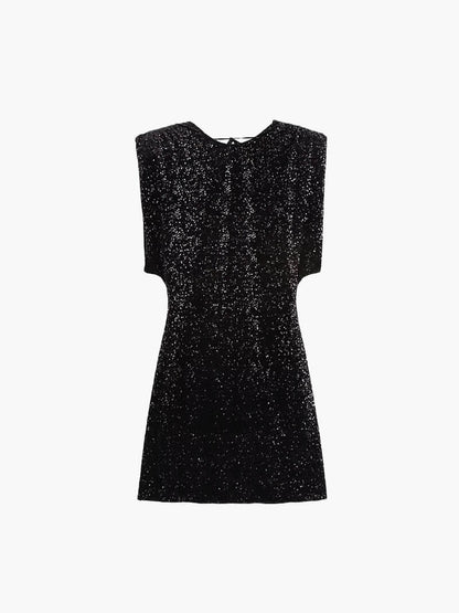 | Black Glitter Mini Dress - Structured Shoulder Silhouette