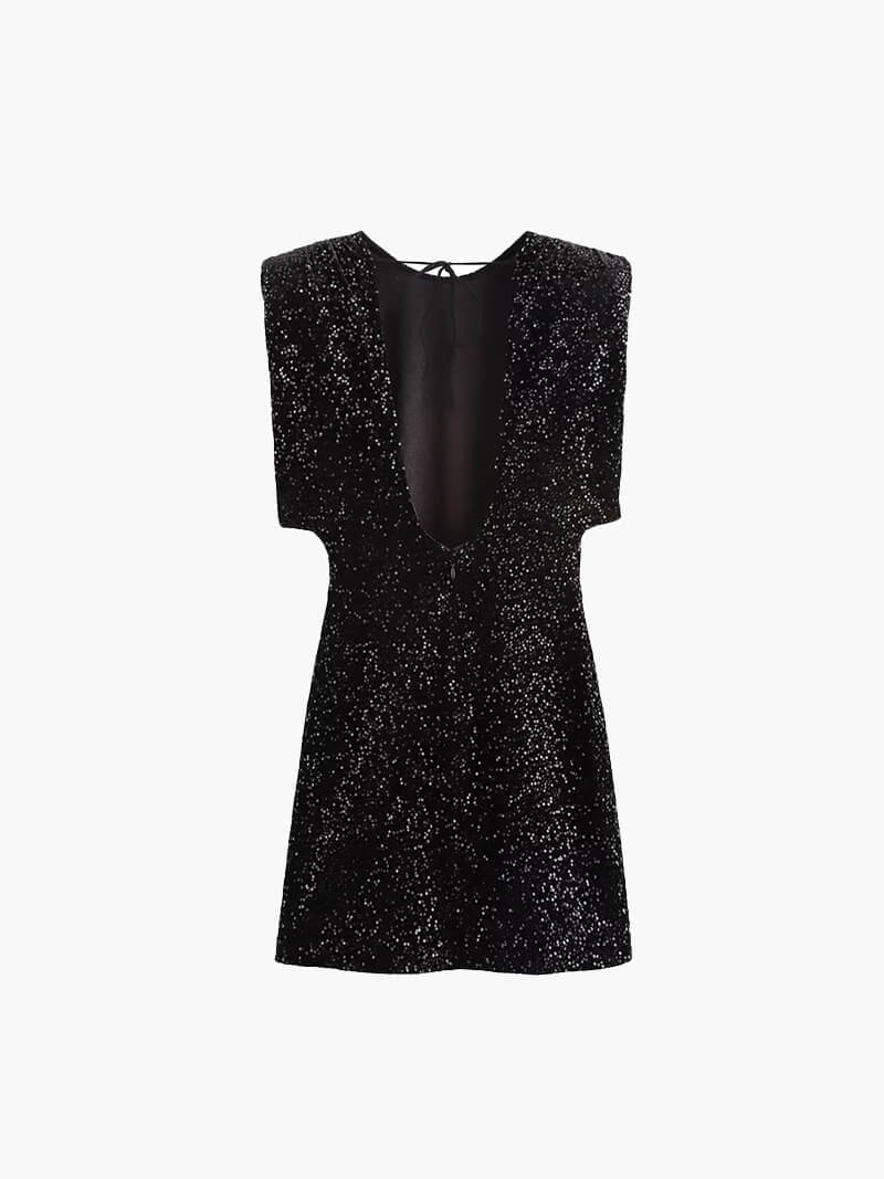 | Black Glitter Mini Dress - Structured Shoulder Silhouette
