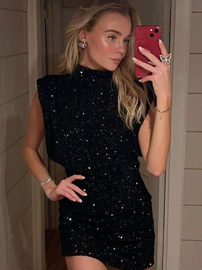 | Black Glitter Mini Dress - Structured Shoulder Silhouette
