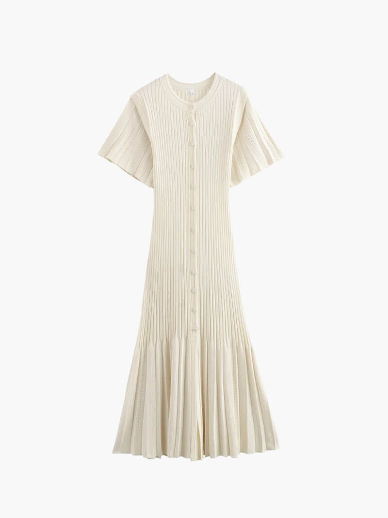 | Button-Front Ribbed Midi Dress – Short Sleeve Knit Dress