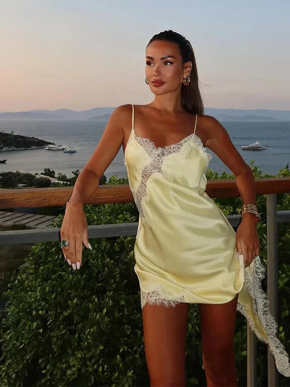 | Asymmetric Satin and Lace Mini Dress