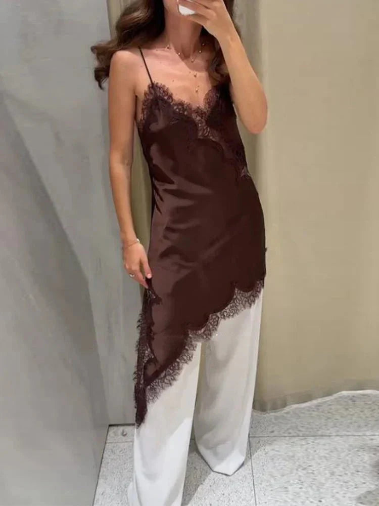 | Asymmetric Satin and Lace Mini Dress