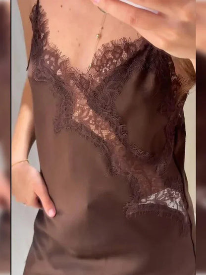 | Asymmetric Satin and Lace Mini Dress