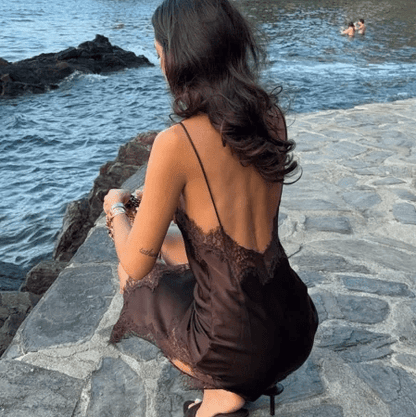 | Asymmetric Satin and Lace Mini Dress