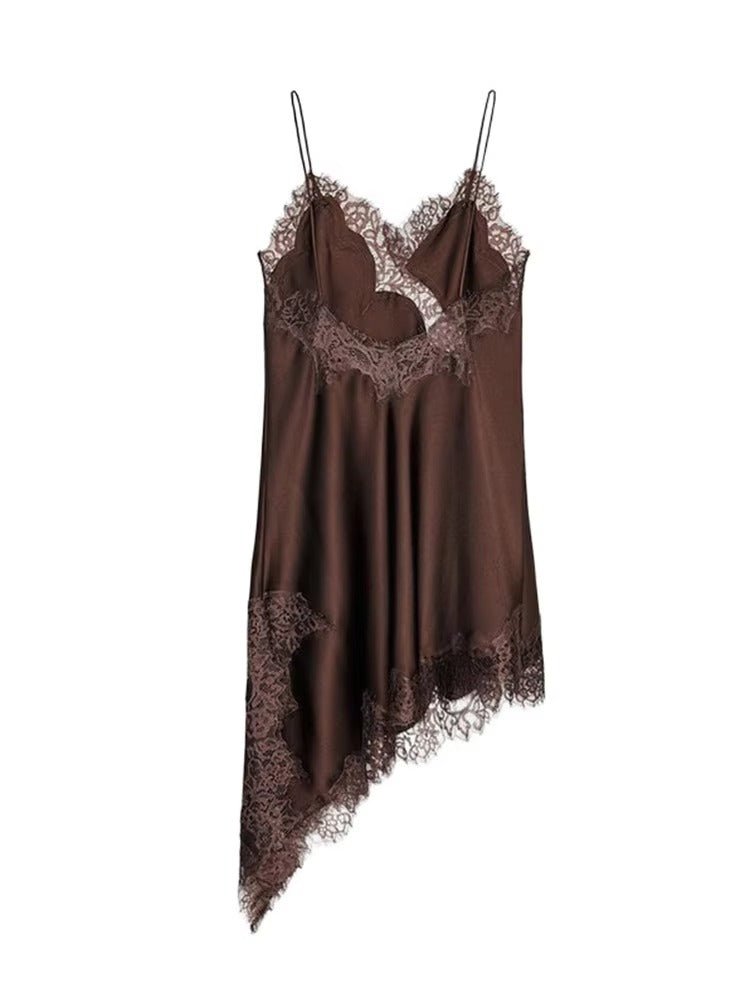 | Asymmetric Satin and Lace Mini Dress