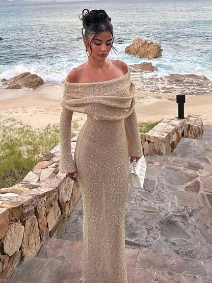 | Ribbed Bouclé Off-Shoulder Dress
