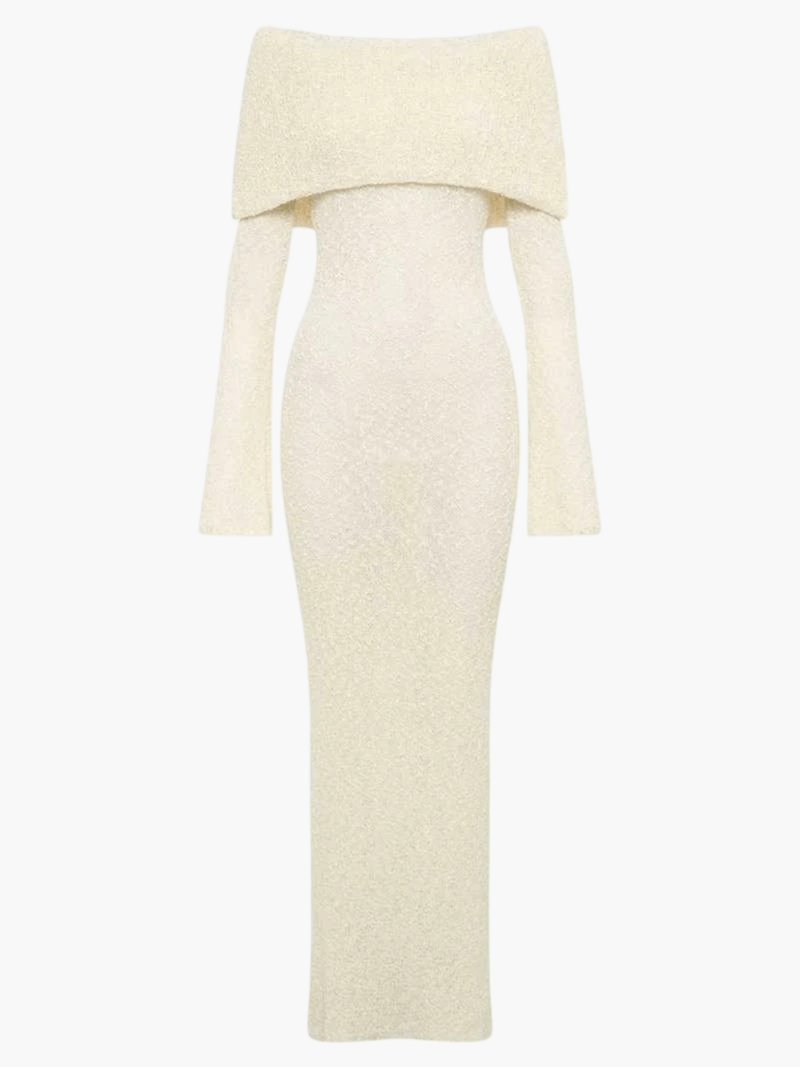 | Ribbed Bouclé Off-Shoulder Dress