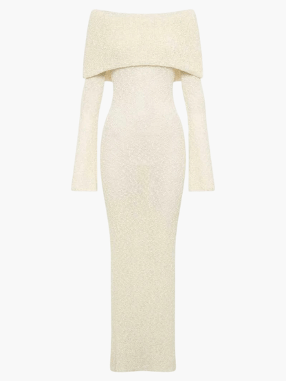 | Ribbed Bouclé Off-Shoulder Dress