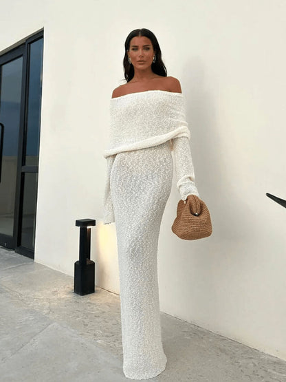 | Ribbed Bouclé Off-Shoulder Dress