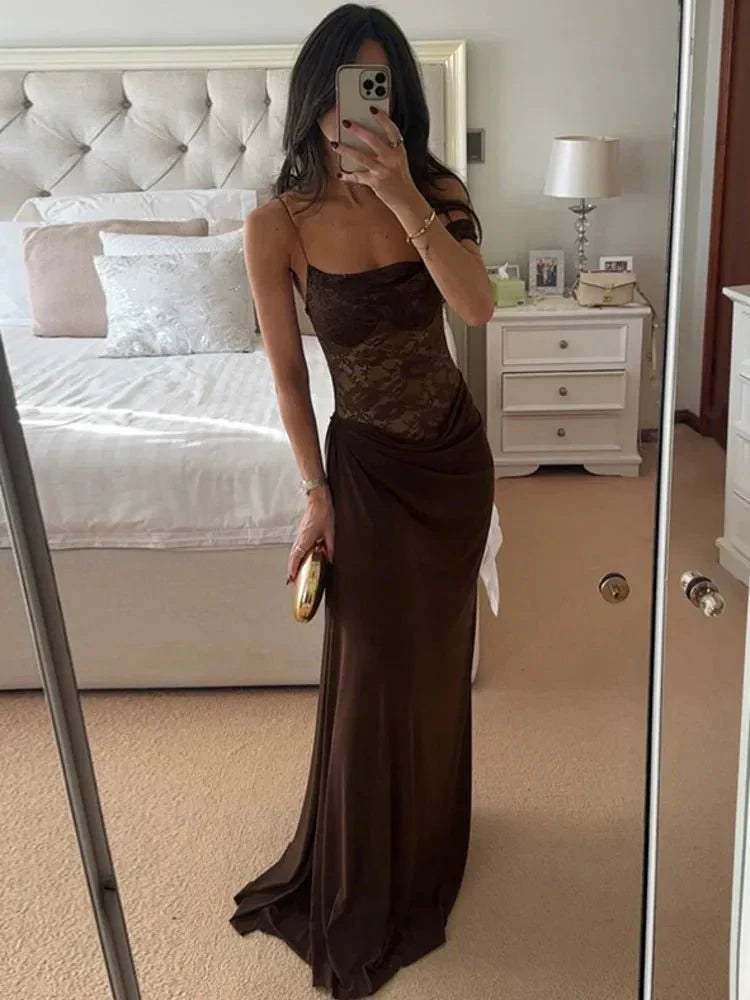 | One-Shoulder Lace Backless Maxi Dress