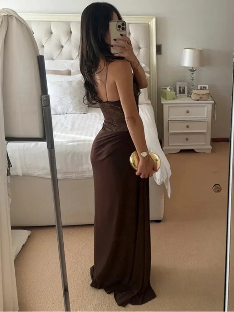 | One-Shoulder Lace Backless Maxi Dress