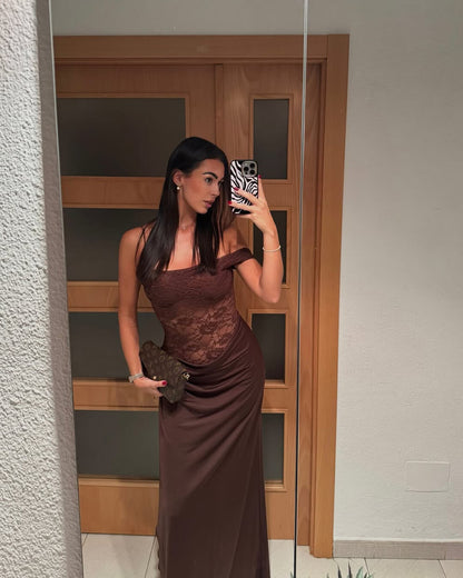 | One-Shoulder Lace Backless Maxi Dress