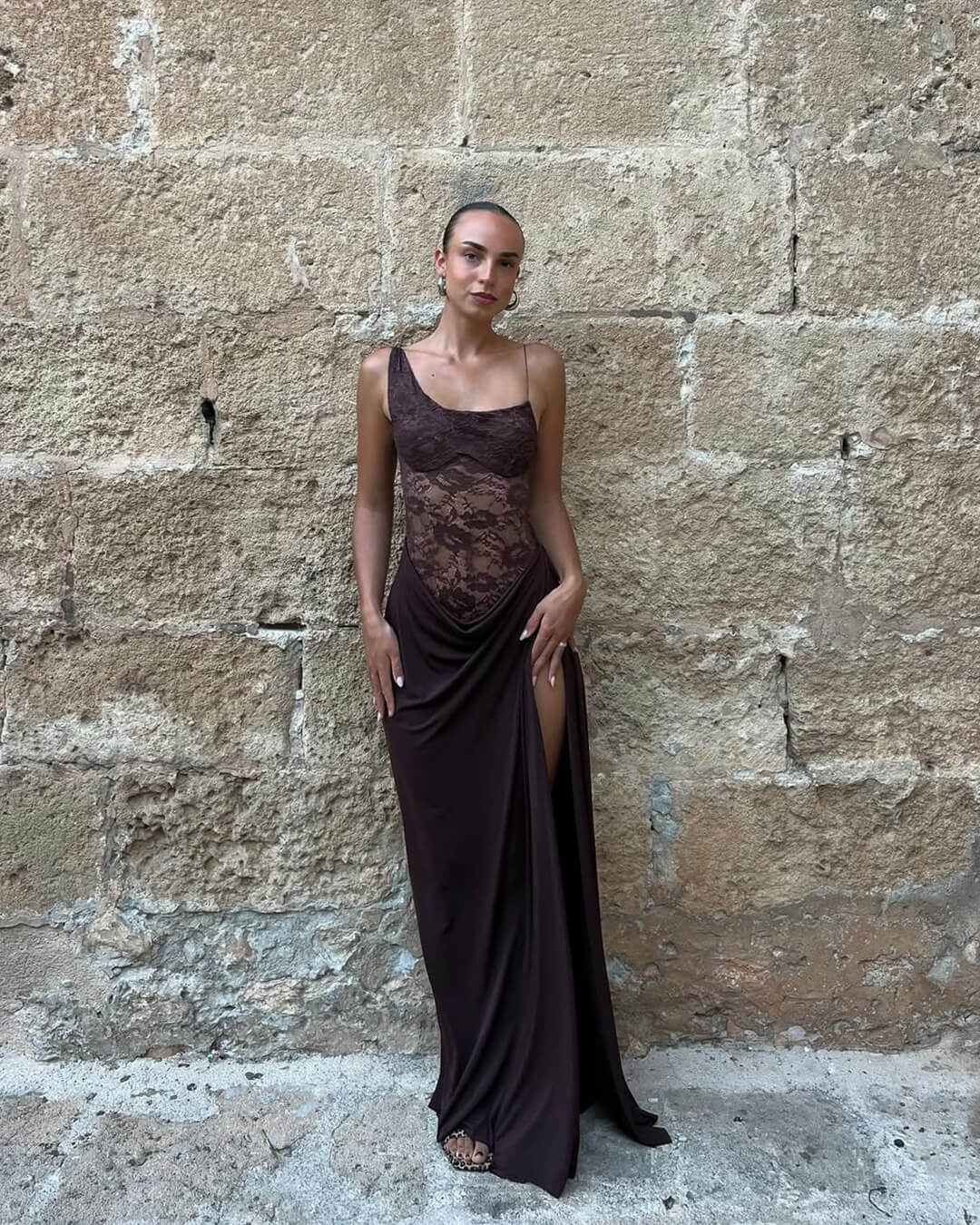 | One-Shoulder Lace Backless Maxi Dress