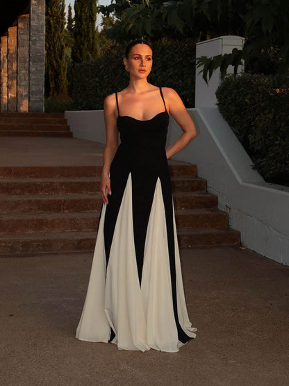 | Contrast Panel Maxi Dress – Spaghetti Strap Evening Gown