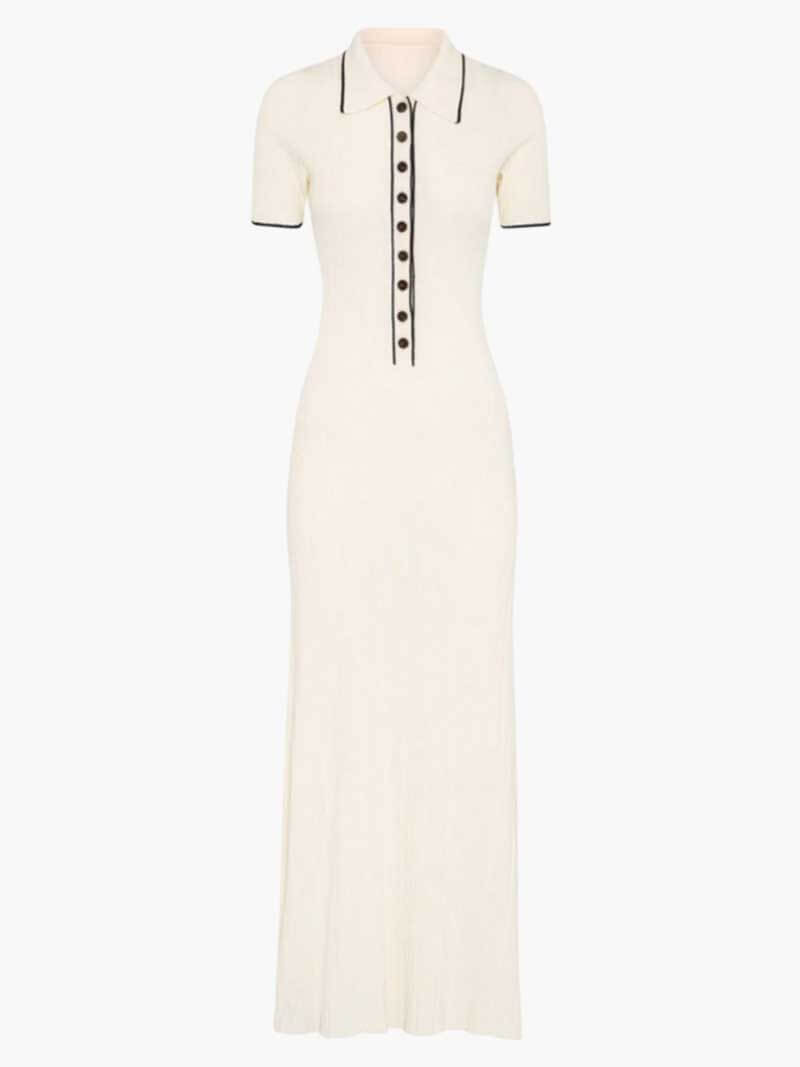 | Ribbed Knit Midi Dress – Button-Front Short Sleeve
