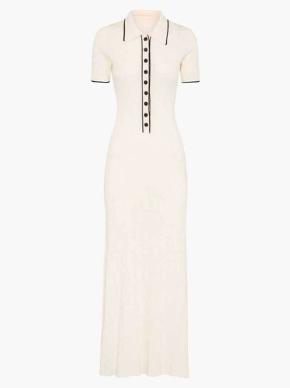 | Ribbed Knit Midi Dress – Button-Front Short Sleeve